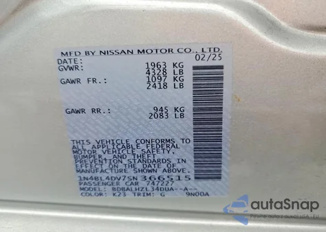 2025 Nissan Altima Sv z USA, uszkodzony, nr VIN 1N4BL4DV7SN366515